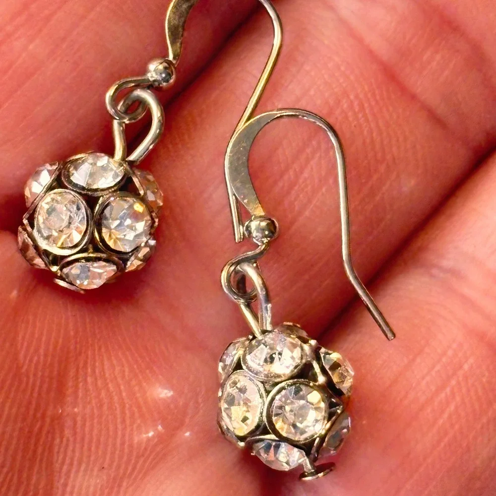 Vintage Crystal Disco Ball Earrings Silver Tone Pave Drop Dangle Y2K Statement